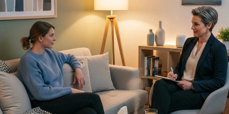 Therapy session for anger management with a therapist and client in a calming environment